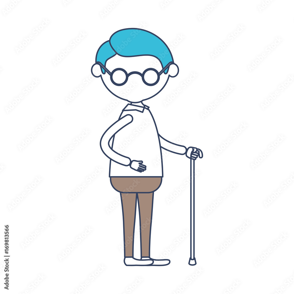 faceless caricature full body elderly man with walking stick in clothes with glasses in color section silhouette