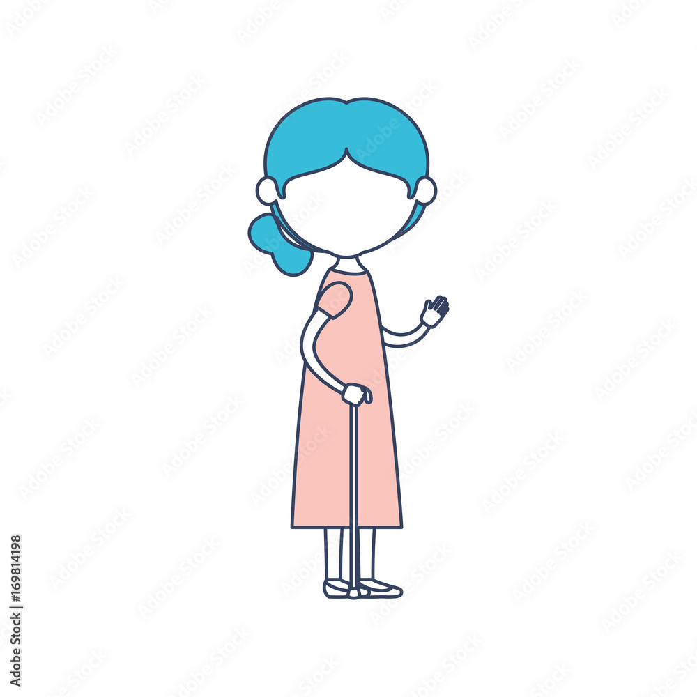 faceless caricature full body elderly woman with dress in walking stick with side bun hairstyle in color section silhouette faceless caricature full body elderly woman with dress in walking stick with side bun hairstyle in color section silhouette
