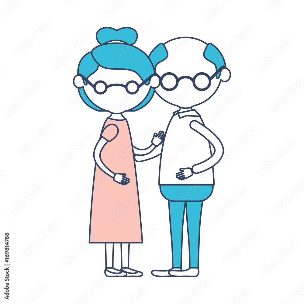 caricature faceless full body elderly couple grandmother with glasses and bun collected hairstyle in dress and grandfather with glasses in color section silhouette caricature faceless full body elderly couple grandmother with glasses and bun collected hairstyle in dress and grandfather with glasses in color section silhouette