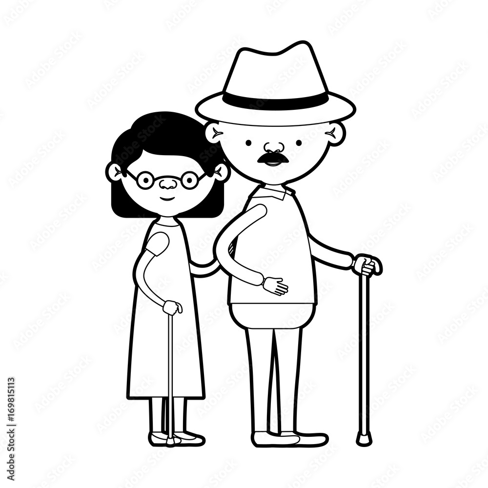 caricature full body elderly couple in walking stick and grandmother with glasses and wavy short hairstyle in dress and grandfather with hat and moustache in black silhouette sections caricature full body elderly couple in walking stick and grandmother with glasses and wavy short hairstyle in dress and grandfather with hat and moustache in black silhouette sections