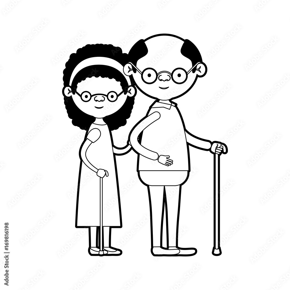 caricature full body elderly couple in walking stick with glasses grandmother with curly long hairstyle in dress and grandfather in black silhouette sections caricature full body elderly couple in walking stick with glasses grandmother with curly long hairstyle in dress and grandfather in black silhouette sections