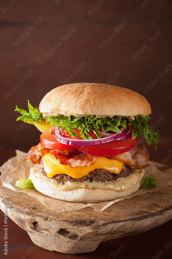 bacon cheese burger with beef patty, tomato, onion bacon cheese burger with beef patty, tomato, onion