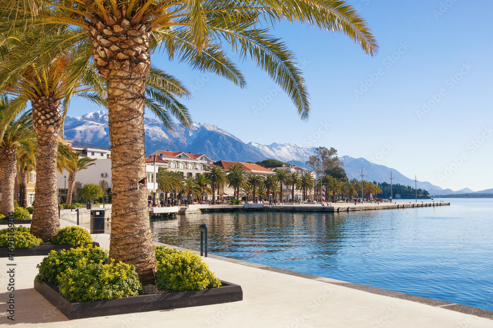 Embankment of Tivat town with Lovcen mountain in the background. Bay of Kotor(Adriatic Sea), Montenegro, winter