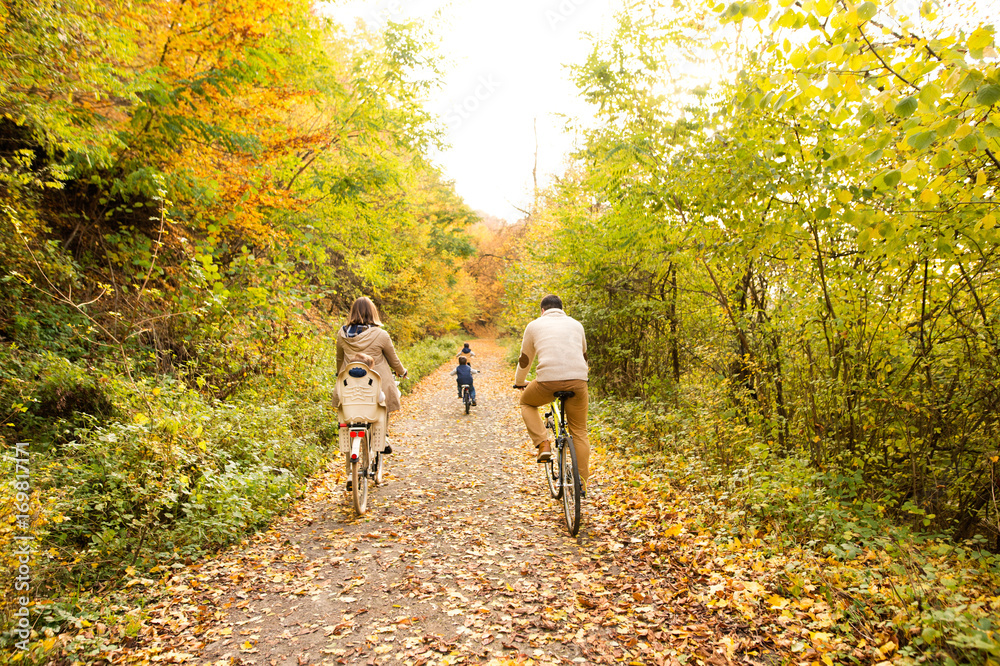 Fototapeta premium Young family in warm clothes cycling in autumn park