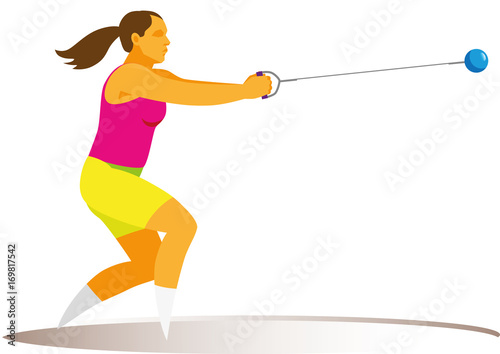 The young beautiful girl is the hammer thrower who performs a throw at competitions