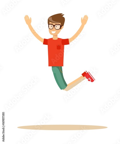 Active guy jumping in joy, isolated on white. Stock flat vector illustration.