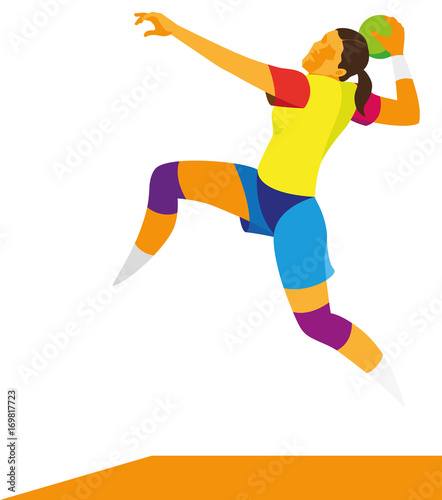 Young thin woman  is player in handball, attacking in a jump