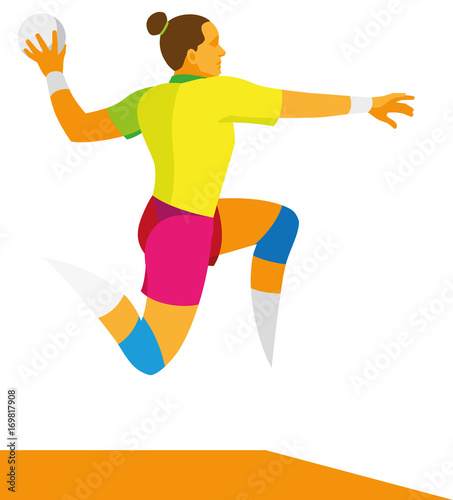 A young miniature girl is a handball player that throws the ball in a jump