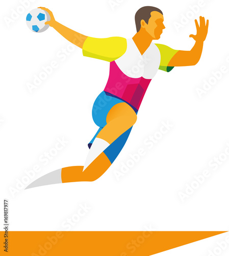 A young male athlete is a player in a handball player who throws the ball in a jump
