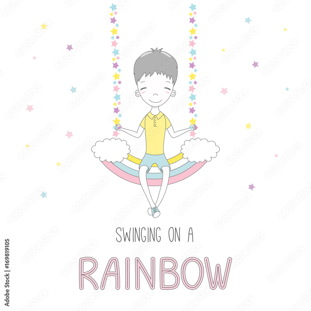 Hand drawn vector illustration of a cute funny smiling little boy, sitting on a rainbow swing, with text Hand drawn vector illustration of a cute funny smiling little boy, sitting on a rainbow swing, with text