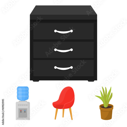 A red chair with a comfortable back, an aloe flower in a pot, an apparatus with clean water, a cabinet for office papers. Office Furniture set collection icons in cartoon style vector symbol stock