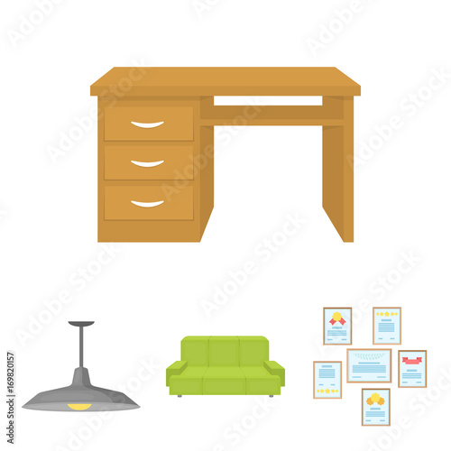 Comfortable sofa, letters and diplomas within the framework, an office ceiling lamp, a desk with drawers. Office Furniture set collection icons in cartoon style vector symbol stock illustration web.