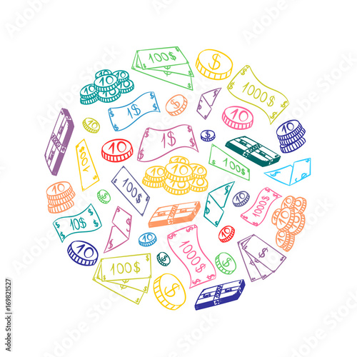 Hand Drawn Banknotes and  Coins. Colorful Doodle Drawings of Cash Arranged in a Circle. Sketch Style. Vector Illustration.