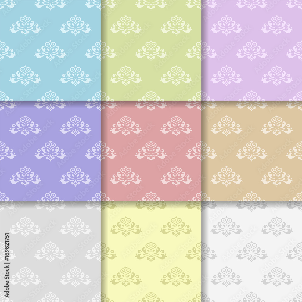 Colored set of floral ornaments. Seamless patterns