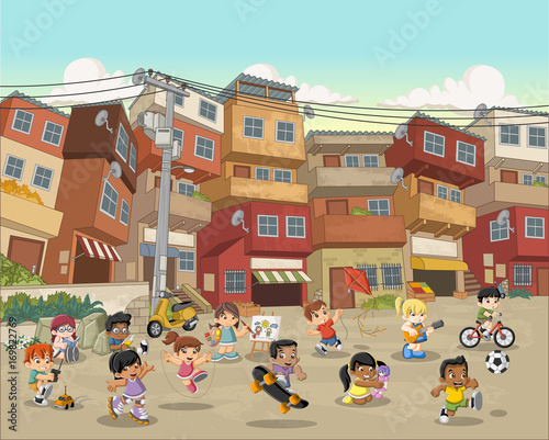 Street of poor neighborhood with cartoon children playing. Sports and toys. Slum. Favela.
