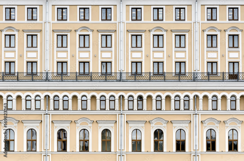 The facade of the building in the classical style.
