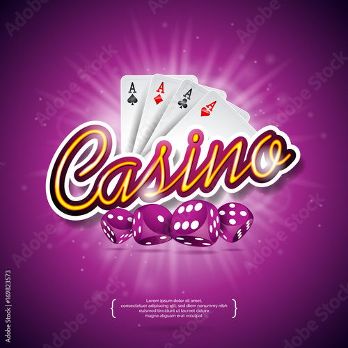 Vector illustration on a casino theme with color playing chips, poker cards, red dices and shiny caption on dark violet background. Gambling design elements.