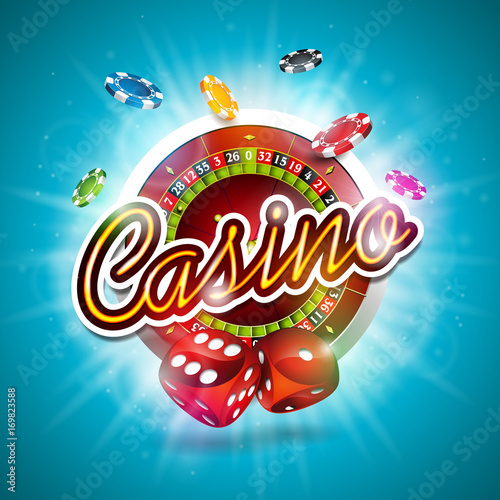 Vector illustration on a casino theme with color playing chips, roulette wheel and red dices on blue background. 