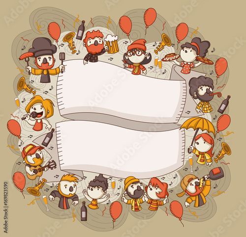 Party with cartoon people drinking and dancing. 
