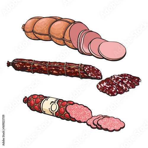 vector sketch chorizo sausage with slices, boiled sausage and salami set. Cartoon isolated illustration on a white background. Sausage and meat types concept