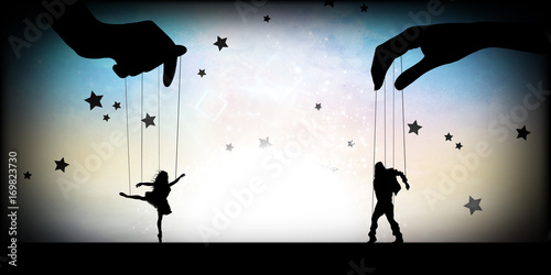 Cuadro en lienzo Theater of Life cartoon characters in the real world silhouette art photo manipu