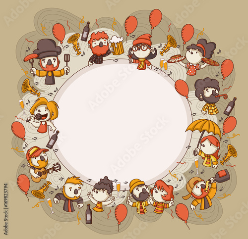 Party with cartoon people drinking and dancing. 
