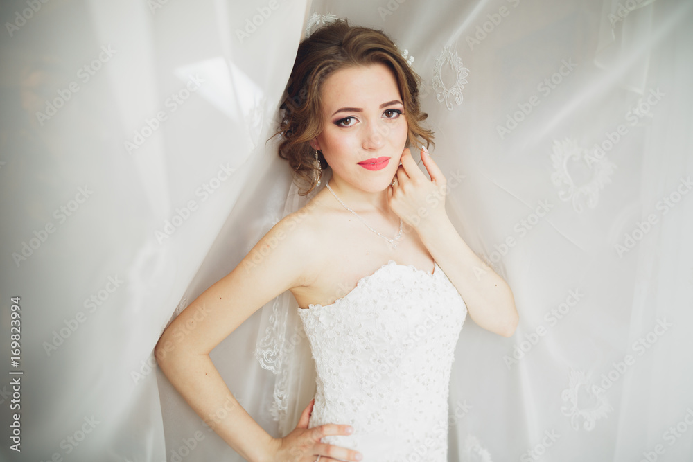 Portrait of beautiful bride with fashion veil and dress at wedding morning Portrait of beautiful bride with fashion veil and dress at wedding morning