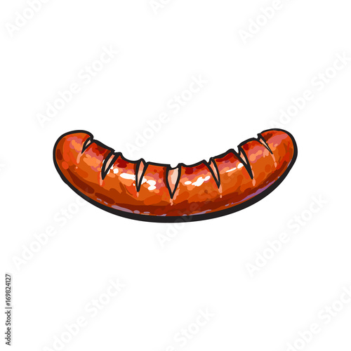 Freshly grilled, barbequed processed meat sausage, sketch style vector illustration on white background. Realistic hand drawing of German sausage grilled, fried on open fire, BBQ, picnic food