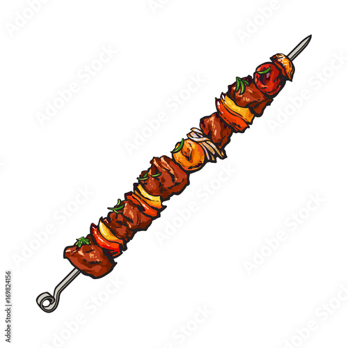 Freshly grilled, barbequed pork, beef, lamb meat, shashlik, shish kebab, sketch style vector illustration on white background. Realistic hand drawing of grilled, barbequed meat on stick