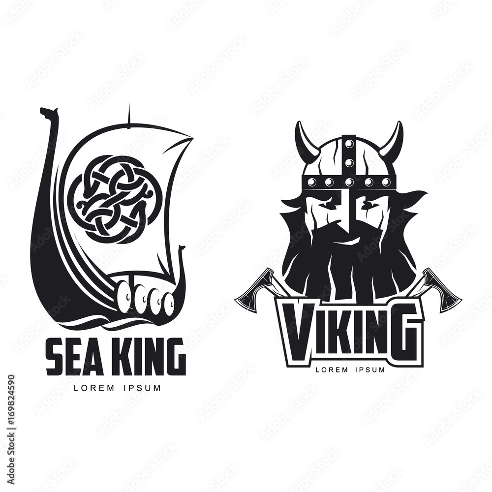 vector vikings icon logo template design simple set flat isolated illustration on a white background. Axes and man in helmet with mustache and beard brutal portrait, wooden ship with sail image vector vikings icon logo template design simple set flat isolated illustration on a white background. Axes and man in helmet with mustache and beard brutal portrait, wooden ship with sail image