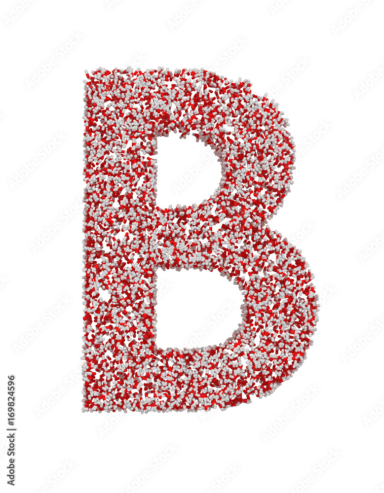 3D render of red and white alphabet make from pills. Big letter B with clipping path. Isolated on white background 3D render of red and white alphabet make from pills. Big letter B with clipping path. Isolated on white background