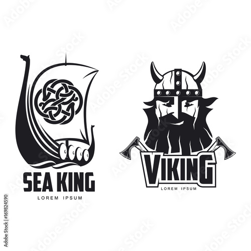 vector vikings icon logo template design simple set flat isolated illustration on a white background. Axes and man in helmet with mustache and beard brutal portrait, wooden ship with sail image