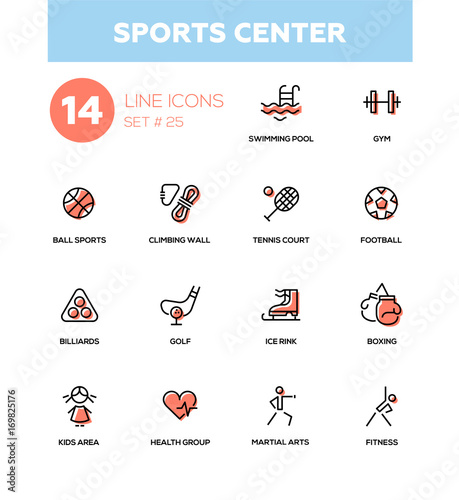 Sportins center - modern simple icons, pictograms set