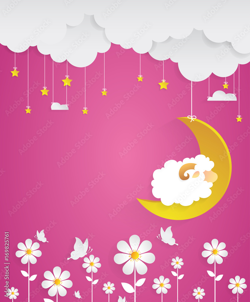 Fototapeta premium Counting sheep. Cartoon character happy sheep on moon. Sweet dreams.paper art