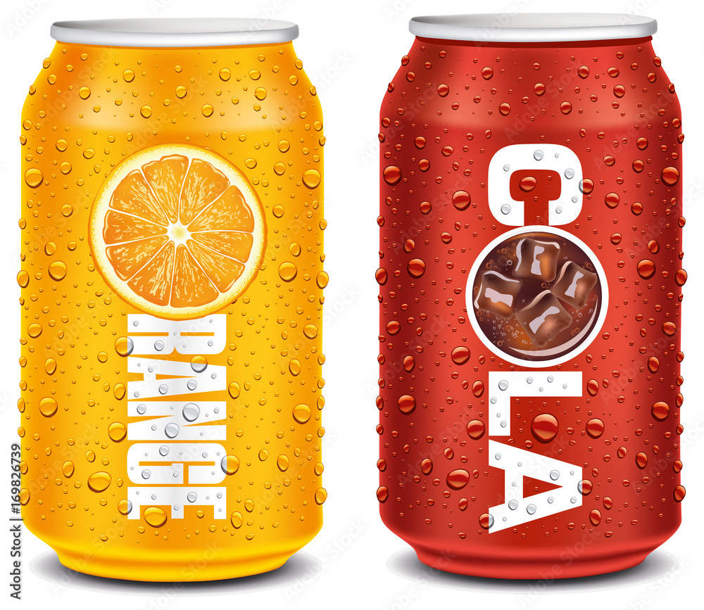 orange and cola tin can with many water drops