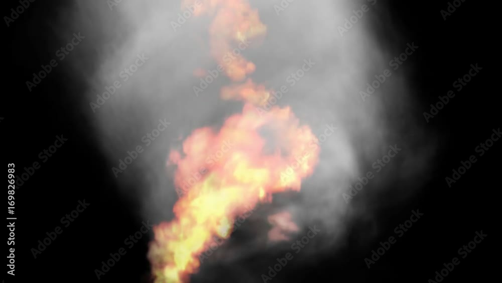 Animated stream of fire turning into fire tornado or twister of fire and smoke against black background. Spinning clockwise and upward. Low angle view. Mask included.
