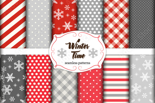 Set of 12 cute seamless Winter Time patterns with traditional ornaments