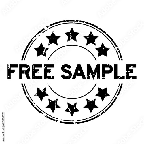 Grunge black free sample with star icon round rubber seal stamp on white background