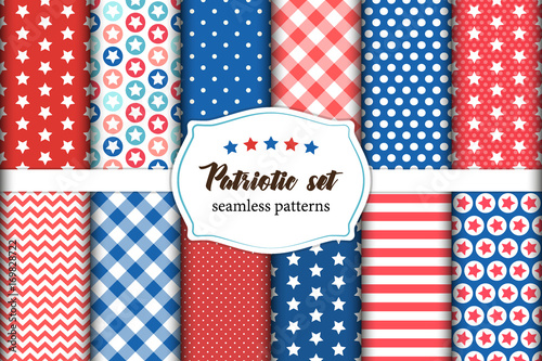 Cute set of American patriotic red, white and blue geometric seamless patterns with stars.