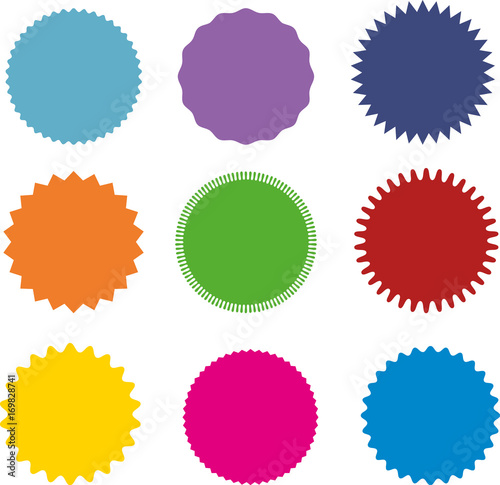 Set of vector starburst, sunburst badges. Nine different color. A collection of different types and colors icon.