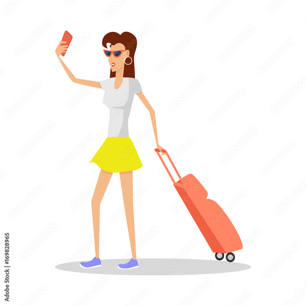 Summer Vacation Red Head Girl Travels with Luggage Summer Vacation Red Head Girl Travels with Luggage