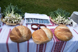 Romanian traditional table arranged for picnic party, with spring onion, bread and salt