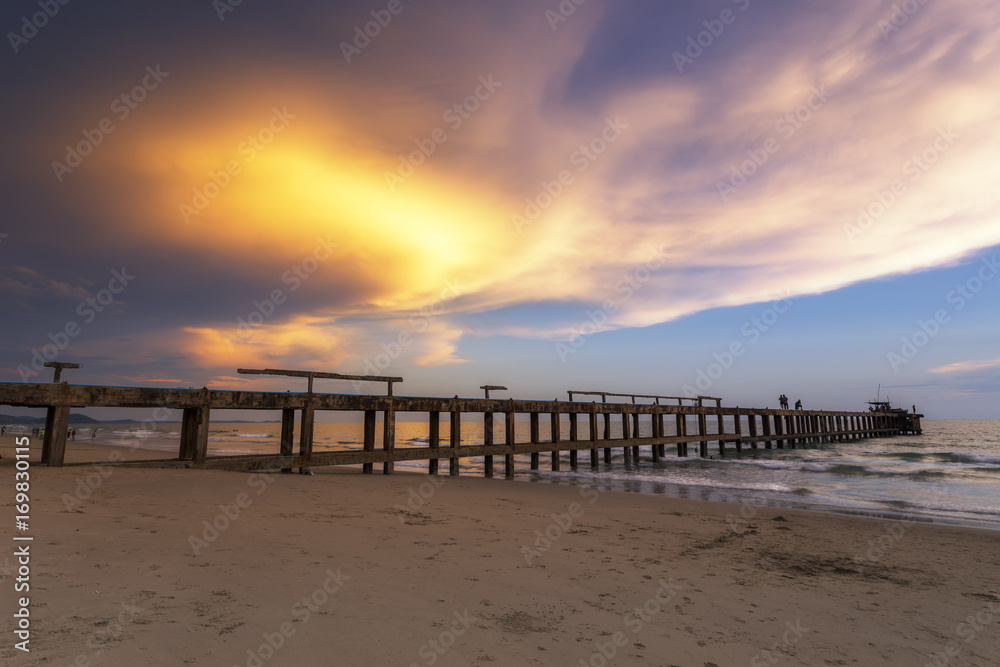 Seascape sunset with old Bridge at Ao Mae Ramphueng,Rayong Province,Thailand