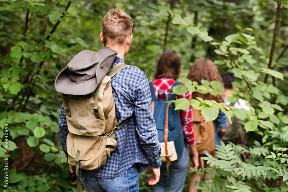 Teenagers with backpacks hiking in forest. Summer vacation. Teenagers with backpacks hiking in forest. Summer vacation.