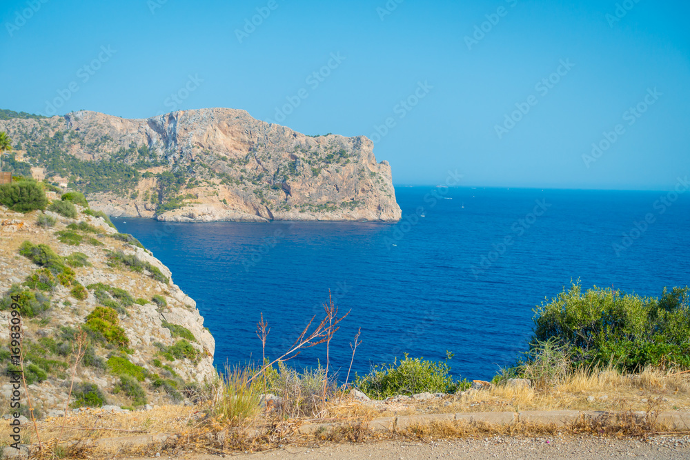 Beautiful view of Mallorca balearic islands, in a beautiful blue sky Spain