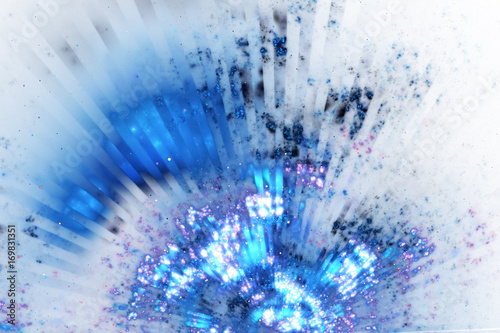 Bright splash. Abstract blue glowing rays and sparkles on white background. Fantasy fractal texture. Digital art. 3D rendering. © Klavdiya Krinichnaya
