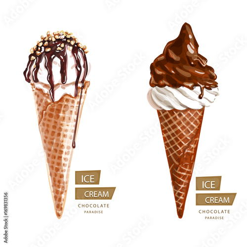 Two chocolate waffle ice cream, cartoon on a white background.