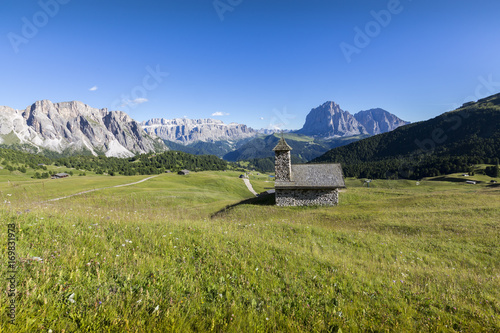 Small chapel in the dolomites on the way to Seceda. Val gardena, Italy, Europe.