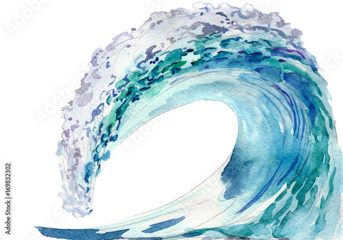 Ocean wave, watercolor illustration isolated on white background.