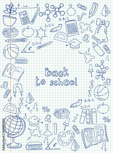 Sheet in a cage with doodle drawings painted with a pen. School theme with the inscription Back to school! Vector illustration